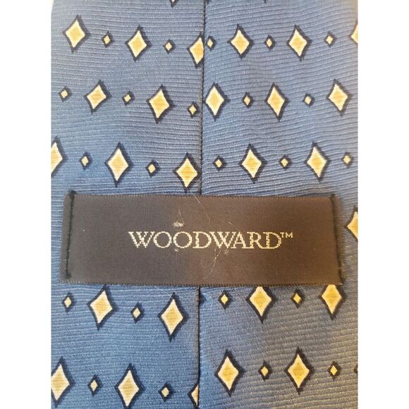 Woodward Mens‎ Tie Necktie Pre-Loved Luxury Blue Yellow Geometric Suit Casual - Picture 5 of 12